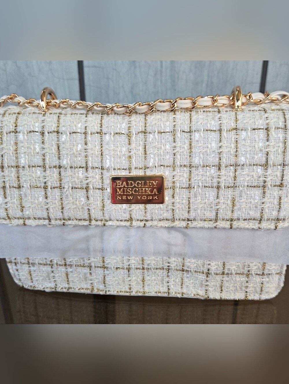 Badgley Mischka Ivory Tweed Crossbody with Gold Chain